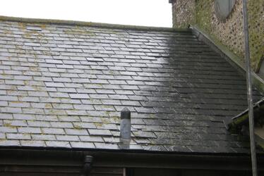 Photograph showing unwanted organic growth on the roof tiles and flint wall of West Blatchington Windmill before restoration Photograph showing unwanted organic growth on the roof tiles and flint wall of West Blatchington Windmill before restoration